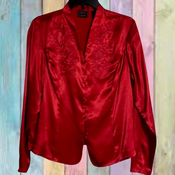 Laura Scott Tops - Laura Scott Red Wine Satin Embroidered Detail Blouse Top